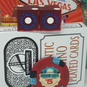 Rare vintage MCM Golden Gate Las Vegas dice cards & house chip craps tablegames casino souvenir mancave gift old school Vegas memorabilia