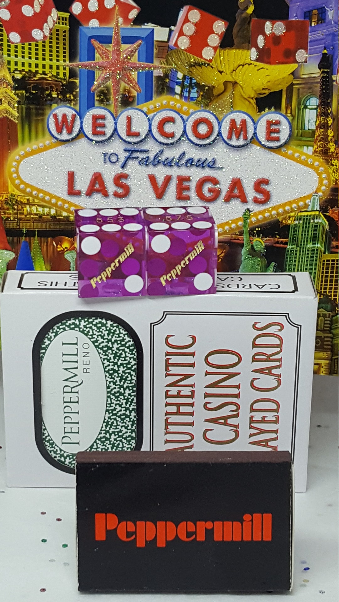 Rare Vintage Peppermill Purple Dice Cards & Matches Gift Set Bones