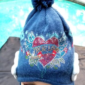 Bling beanie long ears hat infant toddler hat puffy teddy bear ears muffs "True Love" tattoo knit beanie hat stuffed animal beanie for kids