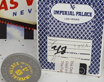 Vintage Imperial Palace Las Vegas casino chip & sealed cards giftset real Casino played blackjack poker cards Imperial Palace souvenir cards