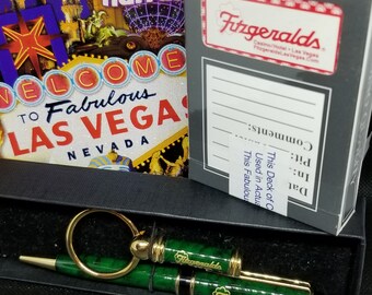 Vintage Fitzgeralds Las Vegas gift set lucky green pen & keyring plus a sealed deck of authentic casino played cards souvenir mancave gift