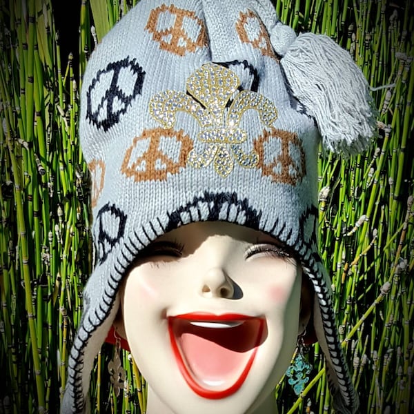 Bitchen gray knit peace sign beanie gold fleur de lis hat hoodie hippie punk rocker gothic beanie badass rockabilly peacesign beanie unisex