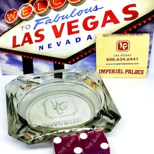 Vintage MCM Imperial Palace Las Vegas ashtray matches & The Quad purple dice real crapstable dice vintage Imperial Palace ashtray Quad dice
