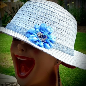 Big brim straw sunhat blue Kentucky Derby hat straw hat with flower & vintage pin boho hippie straw hat easter church hat bohemian big hat