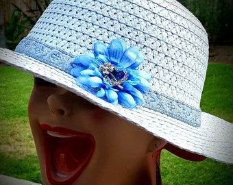 Wide Brim Straw Kentucky Derby Hat: Blue Silk Flower, Silver  display picture 2