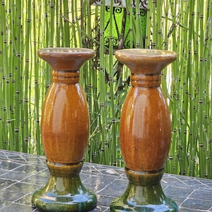 Rustic vintage bohemian ceramic pillar candle holders artesian handmade tabletop ceramic candle holders Spanish home decor candlesticks