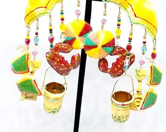 Vintage Lunch at the Ritz big earrings designer 1980's earrings unique beach theme earrings sunglasses crab beachball pail colorful earrings