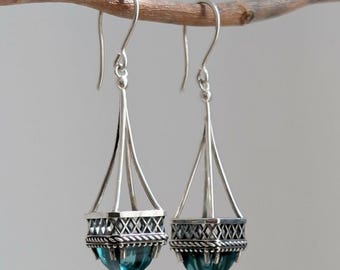 Silver Dangle Drop Earrings, Elegant with Blue Or Red Crystal Teardrop, Geometric Structural Design, Statement Earrings, Handcrafted