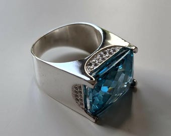Silver Statement Ring with Large central Stone Blue Zircon / Smoky Quartz / Amethyst, Geometric Design, Classy Gift For Her