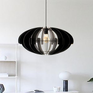 black oval Chandelier, Modern pendant light made of wood, geometric design