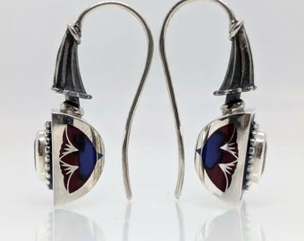 Antique Style Silver Earrings, Garnet Enamel Royal Jewelry, Historic Heirloom Handcrafted Victorian Elegance