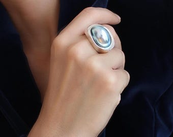 Silver Ring with Large Osmena Pearl, Large Ring, Statement Ring, Pearl Ring, Handmade Ring, Chunky fashion ring, Modern organic silver ring
