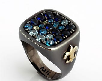 Sterling Silver Large Ring Adorned with Blue Stones, Rhodium Plated Victorian Style Fleur De Lis, Heraldry Lily Royalty Symbol Jewelry