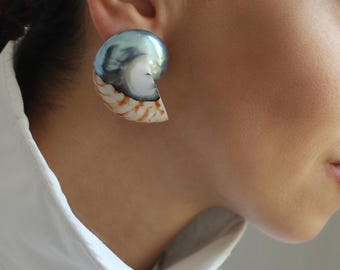 Handmade Nautilus Shell Earrings, Natural Ocean Jewelry, Silver Beach Studs, Unique  Bride Earrings Gift