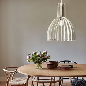 white pendant light, made of wood, Geometric lamp shade, Minimalist scandinavian chandeliered light