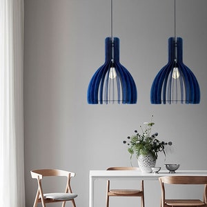 navy blue pendant light, made of wood, Geometric lamp shade, Minimalist Scandinavian pendant light