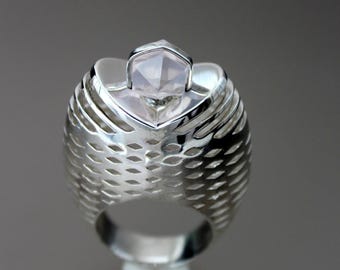 Architectural Silver Ring with Rose Quartz, Bold Statement Ring, Modern Contemporary Jewelry for Women