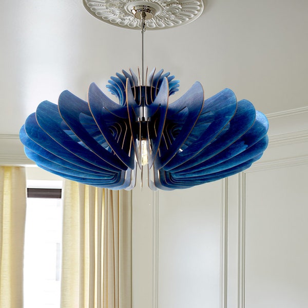 Pendant Light, Large Chandelier Lighting Wooden Light Fixture, Hanging Dining Lamp, Minimal Contemporary Navy-Blue Ceiling Light Modern Wood