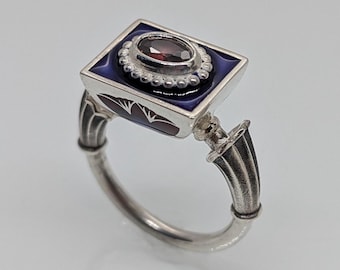 Antique Style Silver Ring, Garnet Enamel Royal Jewelry, Historic Heirloom Handcrafted Victorian Elegance