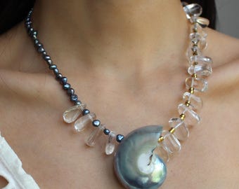 Nautilus Shell Necklace with Natural Clear quartz and black pearls beads, Osmena Tropical & Coastal Style, Statement Pendant