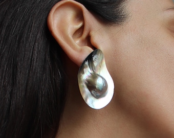 Earrings Mabe Blister Pearl in Shell, Silver Stud Earrings, Statement Cocktail Jewelry, Extreme Rainbow Iridescent Ocean anniversary gift