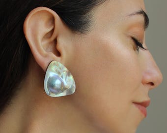 Earrings Mabe Blister Pearl in Shell, Silver Stud Earrings, Statement Cocktail Jewelry, Extreme Rainbow Iridescent Ocean anniversary gift
