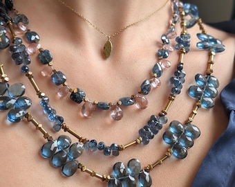 Multi Stone Necklace Moss Kyanite Rose Quartz Lavender Quartz Blue Quartz Handmade Statement Jewelry High Quality Gemstone Design