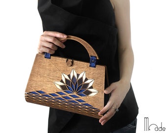 Wood Top Handle Bag, Geometric hand bag, Silk Formal Handbag, Evening Wooden Handbag, Modern Unique fashion bag, Gift for Women Purse