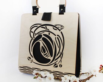 Art Nouveau  Wooden hand bag, Silk bag,  wooden bag, great gift idea, Modern handbag,  handle bag