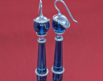 Silver Dangle Drop Earrings, Deep Blue Zircon Teardrop, Elegant Lady Sculpture Design, Statement Earrings, Handcrafted Jewelry Women
