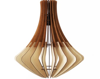 May include: A modern pendant light fixture with a layered design. The light features alternating wooden panels in light and dark brown tones, creating a unique, geometric shape. The fixture hangs from a black cord.