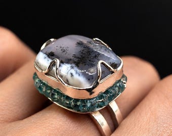 Dendritic Opal Statement Ring Sterling Silver Apatite Handmade Adjustable Open Sculptural Winter Landscape Gemstone One Of A Kind