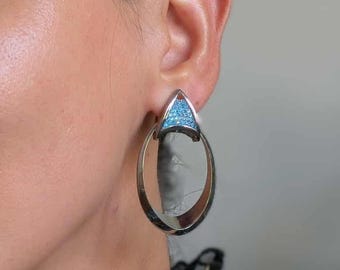 Silver Convertible Earrings, Blue Stone Earrings, Dangle Hoops, Dainty Minimalist Jewelry, Statement Earrings, Geometric Unique Handmade