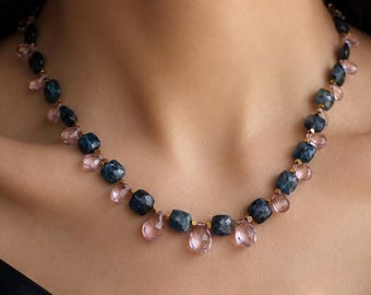 Multi Stone Necklace Moss Kyanite Rose Quartz Lavender Quartz Blue Quartz Handmade Statement Jewelry High Quality Gemstone Design