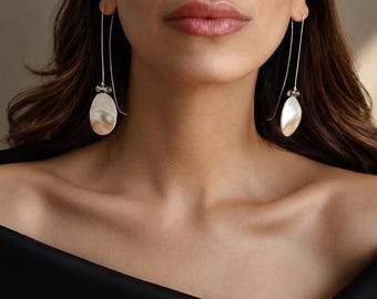 Handmade Nautilus Shell Earrings, Natural Ocean Jewelry, Silver Beach Jewelry, Beach Earrings, White Long Dangle, Beach Bride Earrings Gift