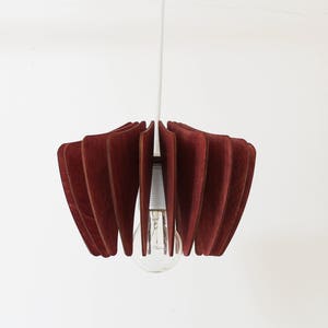 May include: A red wooden pendant light with a white cord and a clear light bulb.
