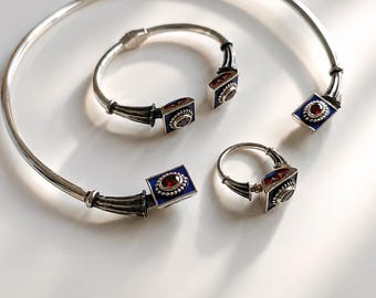 Antique Style Silver Bracelet, Garnet Enamel Royal Jewelry, Historic Heirloom Handcrafted Victorian Elegance, Floral wrist Cuff