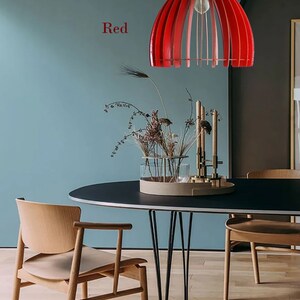 red pendant light, made of wood, Geometric lamp shade, Minimalist scandinavian pendant light