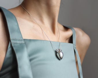 Heart Necklace, Silver Personalized Necklace, Initial Puffed Heart Pendant, Nurse Gold Plated Silver Anatomical Heart, Modern Necklace