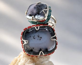 Dendritic Opal Statement Ring Sterling Silver  Corals / Apatite Handmade Adjustable Open Sculptural Winter Landscape Gemstone One Of A Kind
