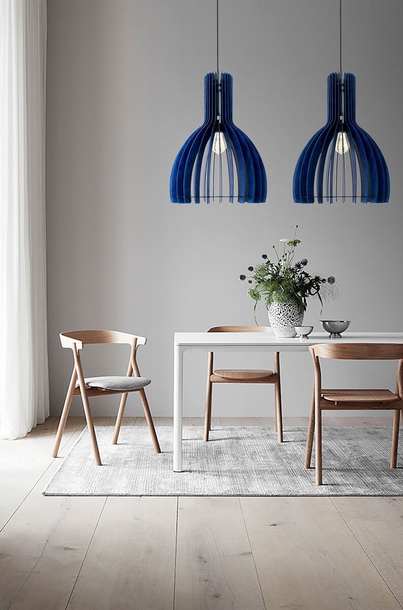 navy blue pendant light, made of wood, Geometric lamp shade, Minimalist Scandinavian pendant light