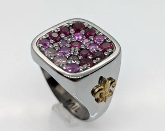 Sterling Silver Ring Rhodium Plated Victorian Style Fleur De Lis, Multi CZ Stone Ruby Pink, French Heraldry Lily Royalty Symbol Jewelry