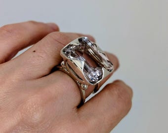 Statement Sterling Silver Ring, Emerald Cut Lavender Amethyst, Geometric Bold Jewelry, Handmade Gemstone Cocktail Ring