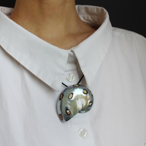 May include: A nautilus shell pendant necklace with a pearlescent finish. The pendant has a silver and iridescent sheen with brown and gold spots. It hangs from a black cord against a white collared shirt.