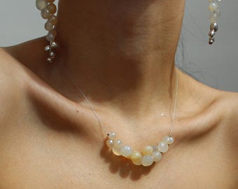 Necklace and Earrings, pear cut Gemstone Choker, Dainty Silver Earrings Delicate Natural Stone Jewelry, Handmade One Of A kind
