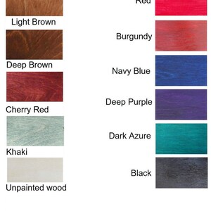 May include: Wood stain color chart showing 10 different colors: light brown, deep brown, cherry red, khaki, unpainted wood, red, burgundy, navy blue, deep purple, and dark azure.