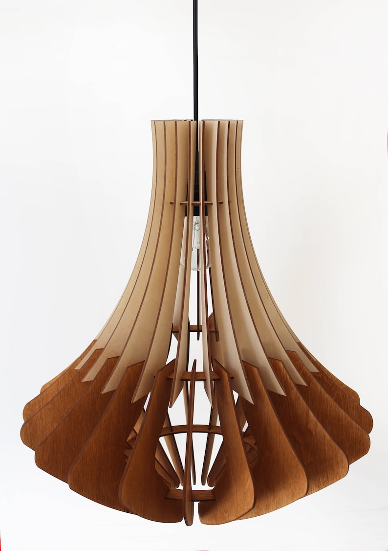 May include: A wooden pendant light fixture with a layered, fan-like design. The light fixture is made of light and dark brown wood, with a bulb visible inside. The fixture hangs from a black cord against a white background.
