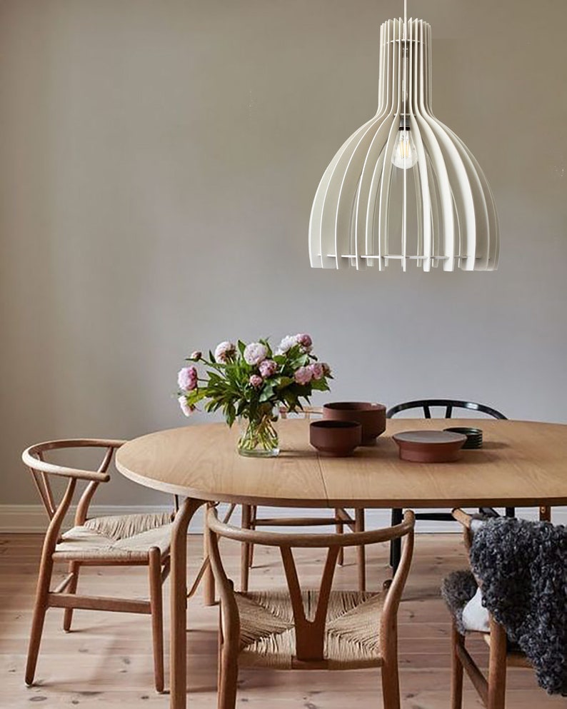 white pendant light, made of wood, Geometric lamp shade, Minimalist scandinavian chandeliered light