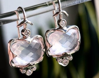 Silver Earrings with Rose Quartz, Classic Style Geometric, Statement Elegant Handmade Jewelry