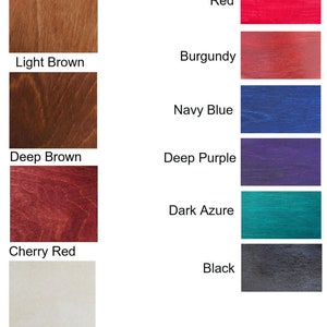 May include: Wood stain color chart showing different shades of brown, red, blue, purple, teal, and black. The chart includes the following colors: Light Brown, Deep Brown, Cherry Red, Burgundy, Navy Blue, Deep Purple, Dark Azure, and Black.